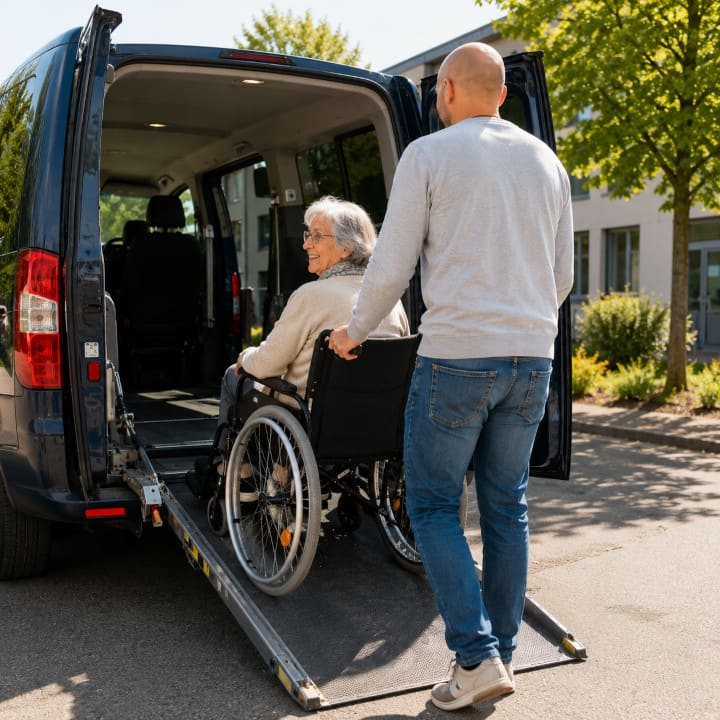 Rollstuhltransport im Laufental mit rollstuhlgängigem Fahrzeug und persönlicher Unterstützung beim Einstieg.